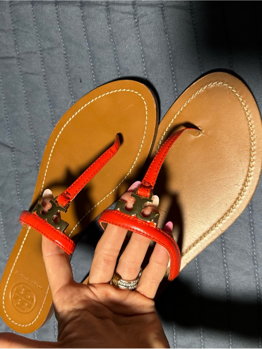 Tory Burch Red Leather Thong Sandals with Tan Footbed